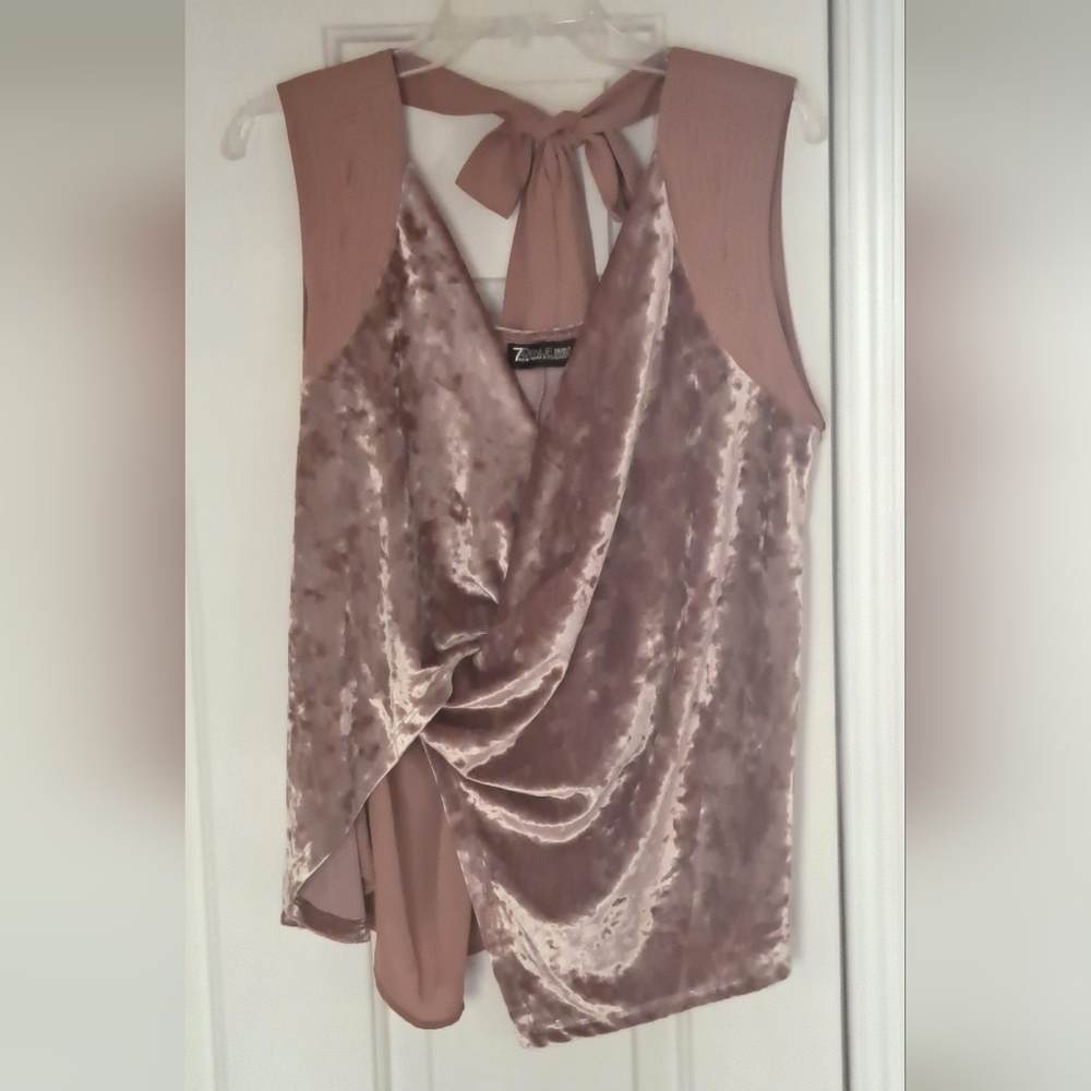 7th Avenue New York& Co Velvet Look Holiday Party Vacation Bow Tank Shirt. Sz L